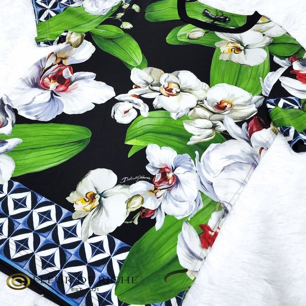 Dolce & Gabbana Elegant Orchid Print Crewneck T-shirt Black sz 48 - Picture 2 of 9